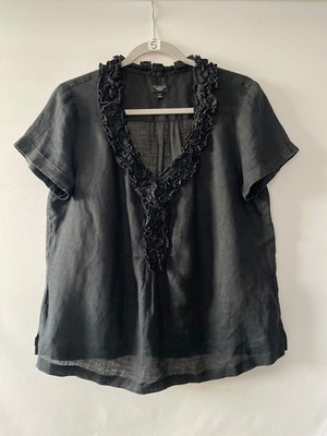 Talbot's women's petite black ruffled V-neck blouse size 12P linen