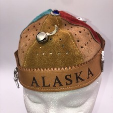 Vintage Suede Leather ALASKA Beanie With Plastic Charms - Medium
