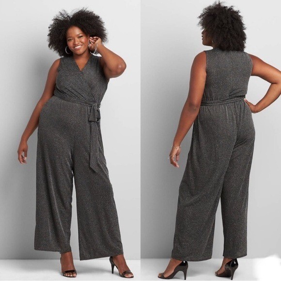 Lane Bryant Metallic Surplice Wide Leg Taylor Swift Jumpsuit 26/28