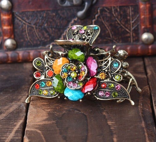 Vintage Flower Hair Claw Clip Antique Metal Rhinestone Hairpin Jewelry Accessory - Bild 4 von 22