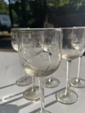 Vintage Etched Crystal Cordial Glasses Mid Century Set of 6 Floral & Butterfly