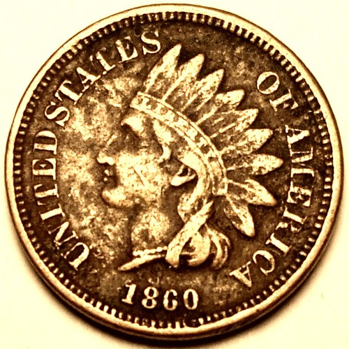 1860 Indian Head Cent, Copper FULL LIBERTY, 3 Diamonds. POINTED BUST L