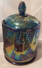 Indiana Glass Harvest Grape Covered Jar Iridescent Blue   