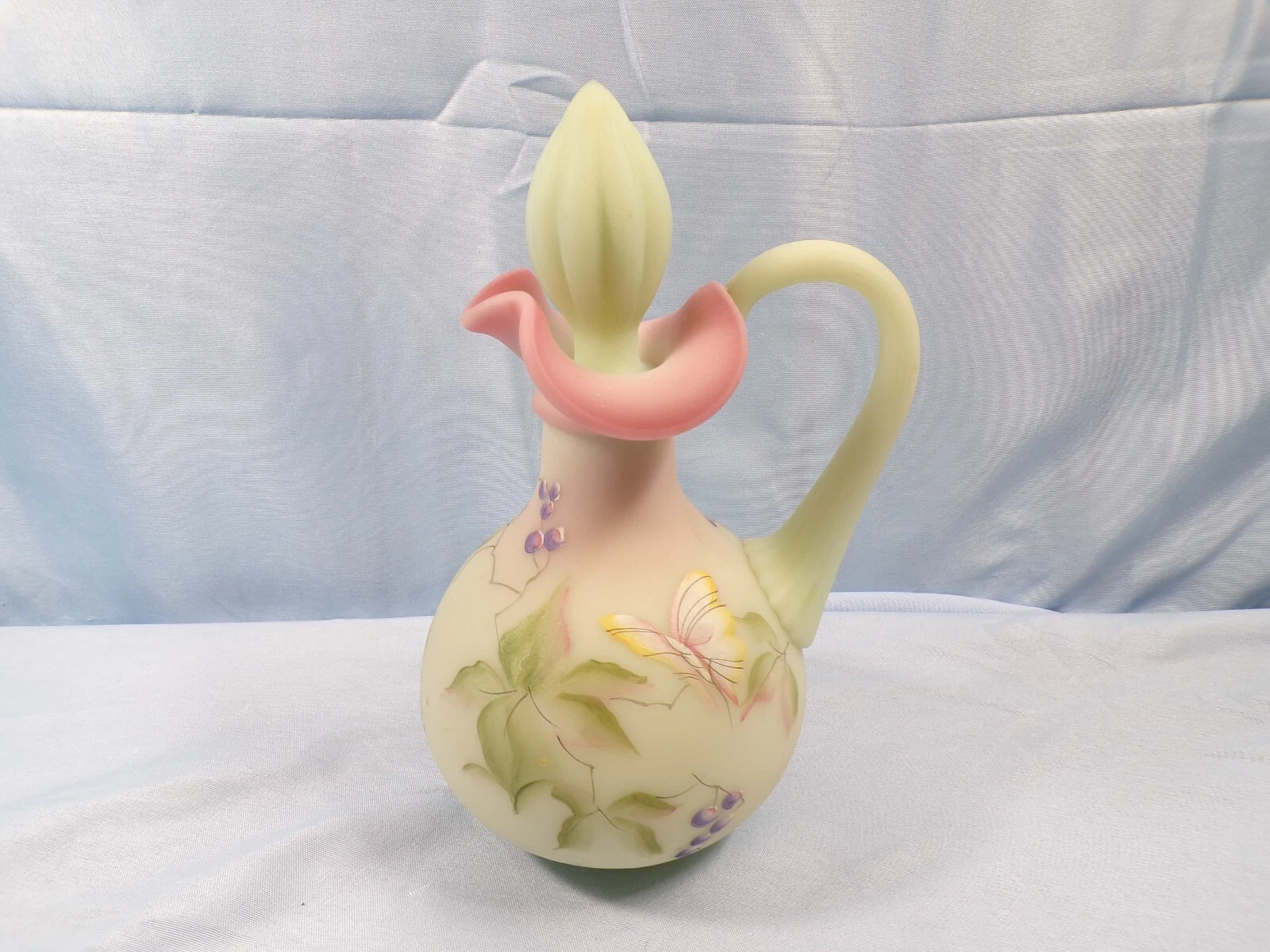 Fenton Hand Painted Green Burmese Lotus Mist Glass Cruet   Butterfly Design INV2