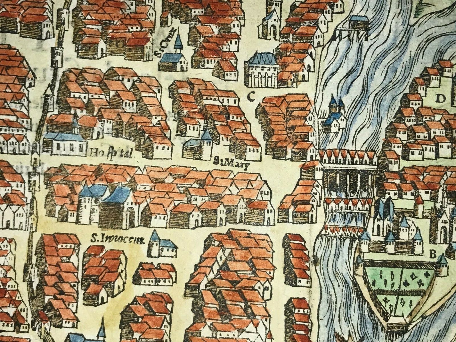 Paris France, antique woodcut map by Sebastian Münster 1561