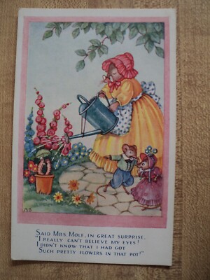 Mice & MOLE Watering Flowers by Artist  M S Anthropomorphic Postcard