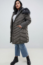 Lovedrobe Long Line Chevron Quilted Coat With Faux Fur Trim Khaki Size M/l Bnwt