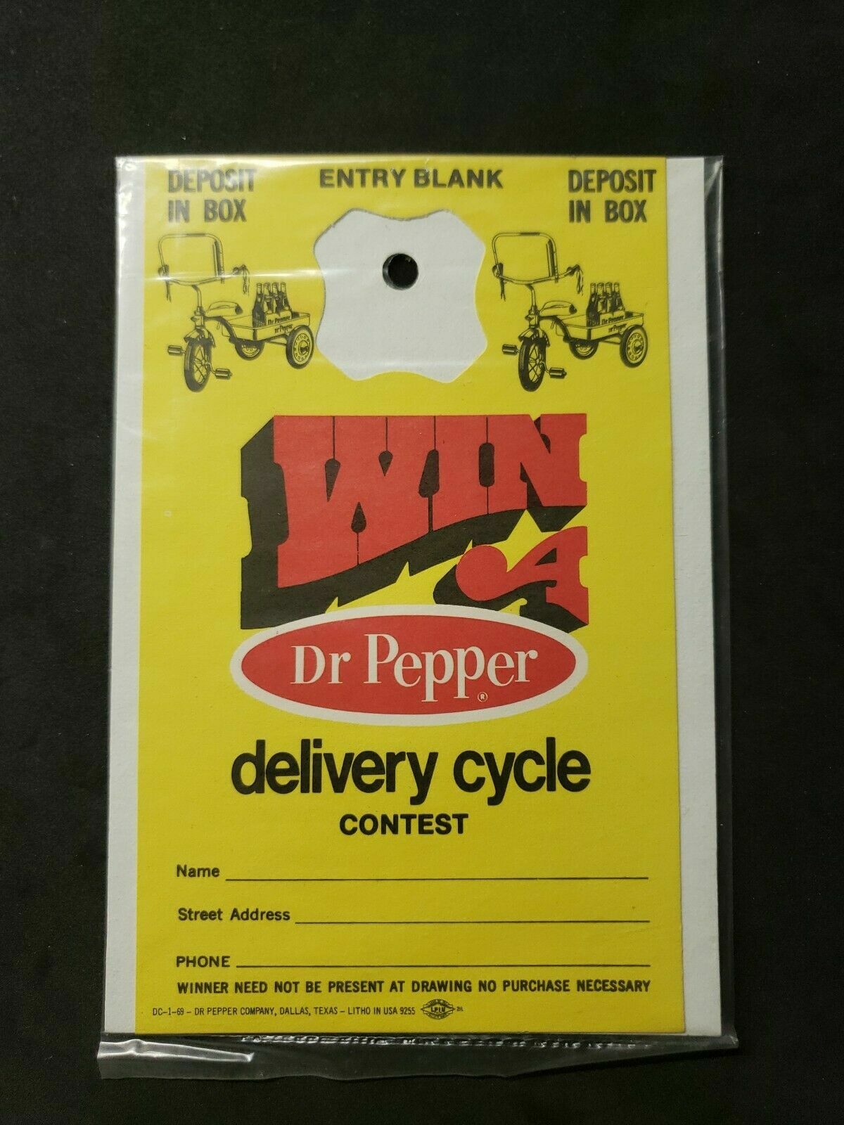 Vintage 1969 Dr. Pepper Win a Delivery Cycle Contest Bottle Top Form NOS (B-1)