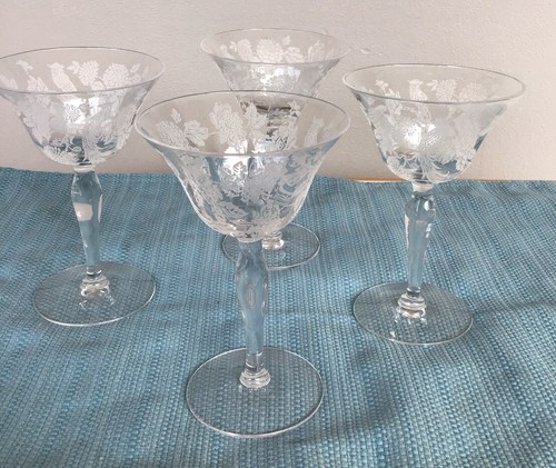 4 Morgantown Cathay Crystal Cocktail Etched Goblets 5” High Peacock Bird 1945 - Picture 5 of 14