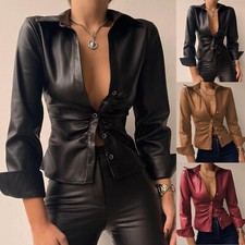 Womens Lapel PU Faux Leather Button Down Shirt Long Sleeve Slim Fit Blouse Tops⇗