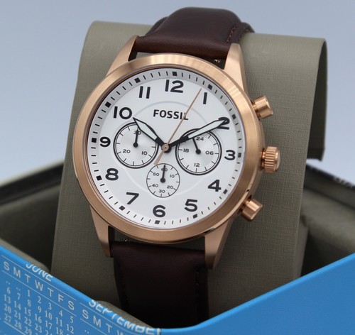 NEW AUTHENTIC FOSSIL FLYNN PILOT CHRONO ROSE GOLD BROWN LEATHER MEN BQ2374 WATCH - Picture 11 of 12