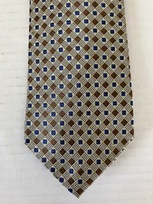 Paul Fredrick Men's Necktie Tie Silk Beige Brown Blue Checkered Wide Made in USA