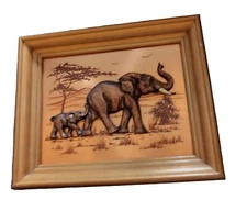 Vintage Framed John Louw 3D Raised Copper Sculpture Art Elephants ~ signed ~