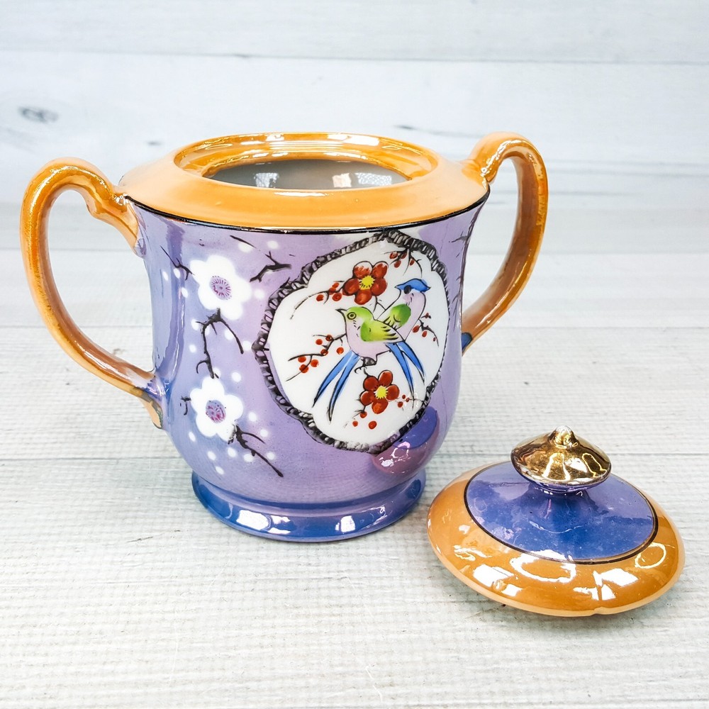 Vintage 1940's Purple Orange Lusterware Covered Sugar Bowl w Birds Flowers Japan - Thumbnail 5