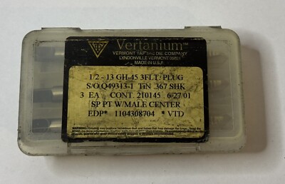 NOS 3PC Vermont Tap & Die Vertamium 1/2-13GH-45 3FLT Plug Tim Shank Flute
