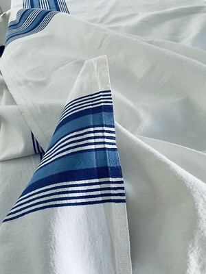 Bright White Tablecloth Blue Stripe Border Rectangular 63x83 Mediterranean Vibe