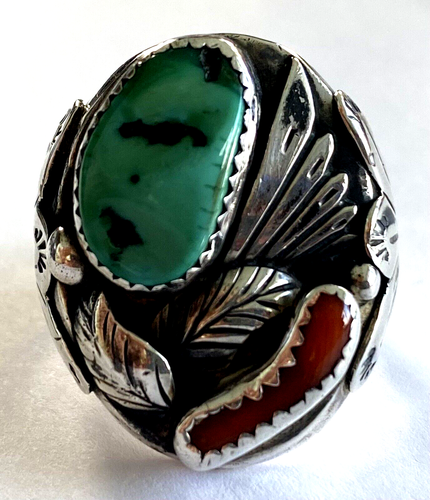 Vintage Native American Turquoise Red Coral Men's Tribal Ring 26.72 gr Size 9.75 - Picture 1 of 13