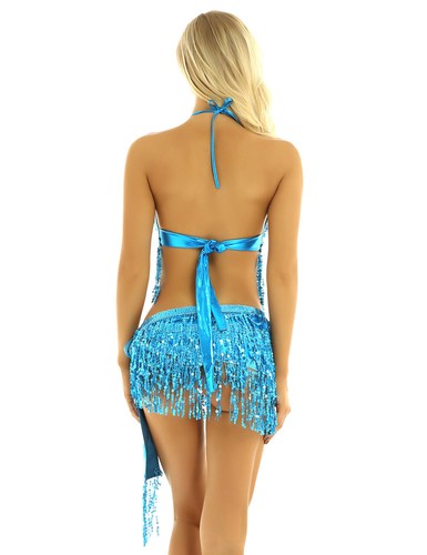 Womens Shiny Sequin Belly Latin Tassel Dance Dress Halter Crop Top Fringe Skirt - Bild 47 von 98