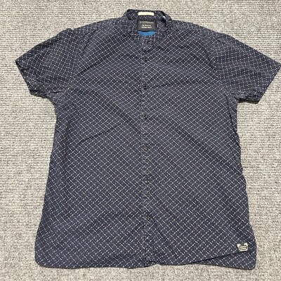 Scotch Soda Shirt Mens Large Blue Button Up Short Sleeve Band Collar Oxford *