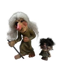 Vintage NyForm Norway Witch Troll Dolls Old Lady W/Walking Stick & Girl W/Skirt