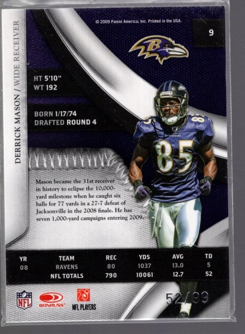 B7700- 2009 Playoff National Treasures #9 Derrick Mason /99 - NM-MT - Image 2 of 2