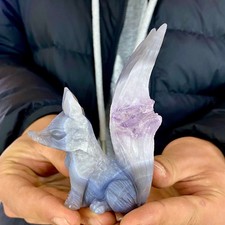 183G Natural Amethyst Geode Hand Carved Nine-tailed Fox Quartz Crystal Decor