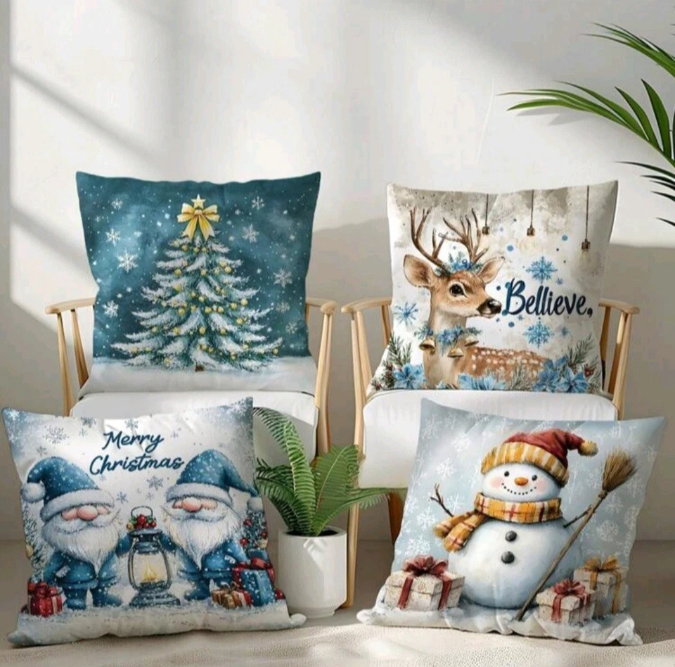 Set Of 4 Adorable Deer, Santa, Gnomes Christmas Throw Pillow Covers 18X18 - Image 3 of 4