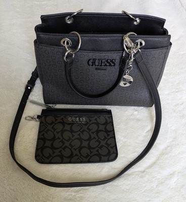 Guess Provincetown Satchel Black Logo print silver-toned hardware & Coin Purse