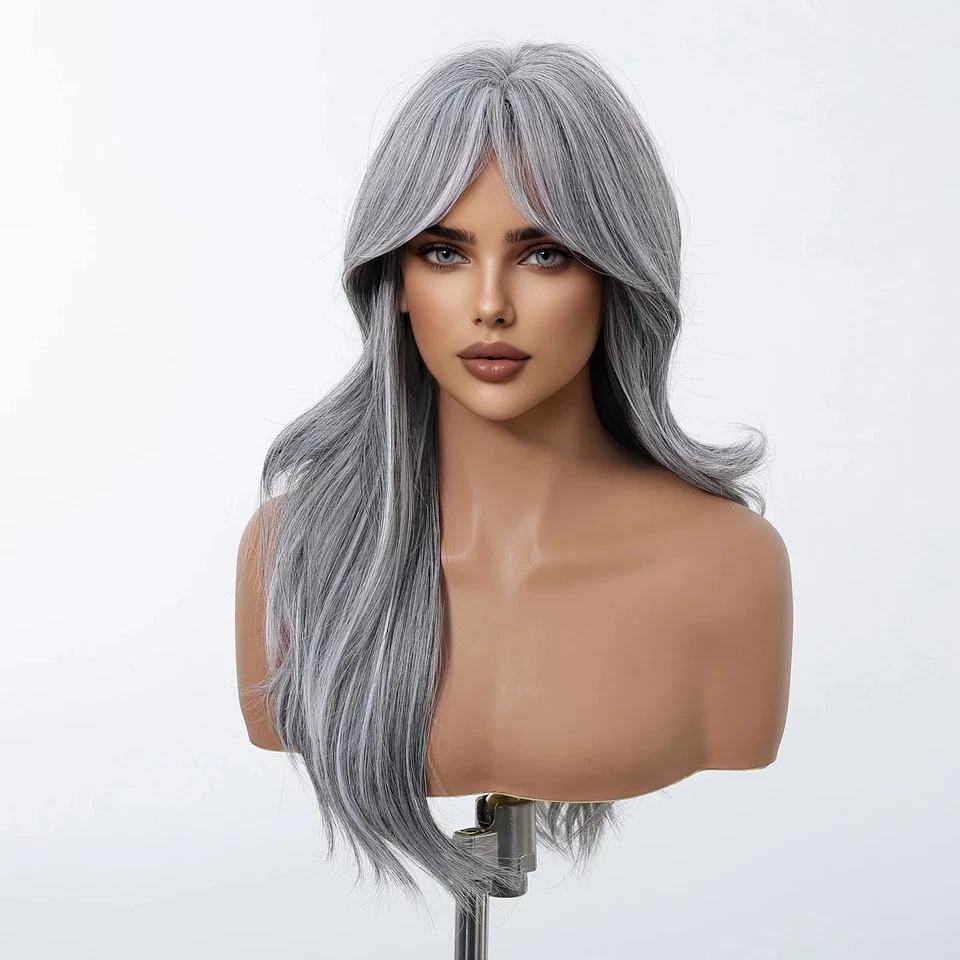 Peluca sintética larga gris ondulada con flequillo para mujer fiesta diaria resistente al calor Foto 2 de 4