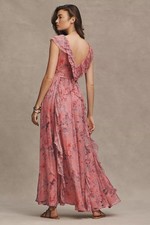 BHLDN ANTHROPOLOGIE Lyla Printed V-neck Pink  Ruffled Chiffon Maxi Gown Sz Small