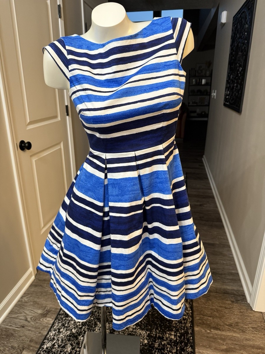 KATE SPADE NY Sz 2 Navy Blue White Mariella Striped Cap Sleeve Fit & Flare  Dress