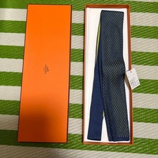 New Unused HERMES Neck Tie Navy Gray Stripe 100 Silk Made in France