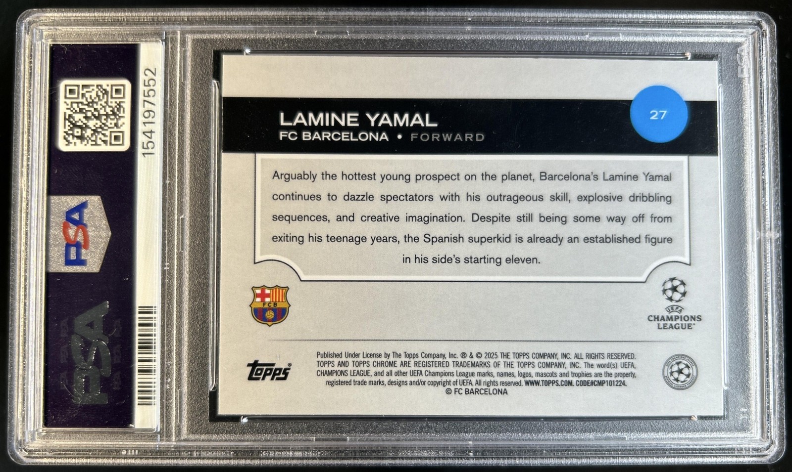 2024-25 Topps Chrome Sapphire UEFA Lamine Yamal #27 Barcelona PSA 9 view 2