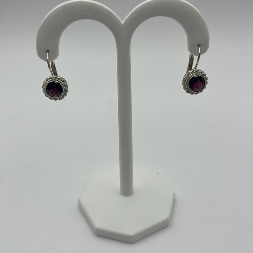 Sterling Silver Rhodolite Garnet Rope Design Bezel Dangle Earrings FAS 925