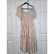 Leia & Co Tan Beige Floral Embroidered Smocked Tiered Midi Dress XL LD325A