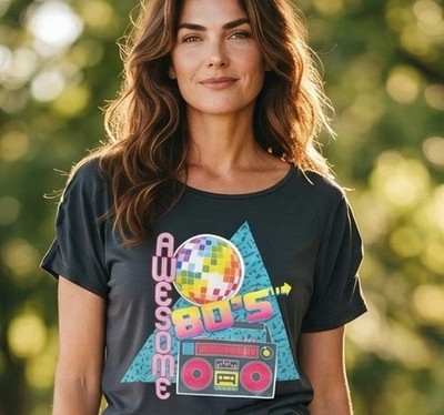 Retro 80s Women s M Ruched Black T-Shirt Graphic Design Disco