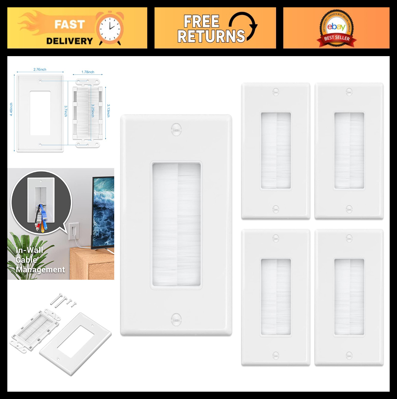 5 Pack Brush Wall Plate, Cable Pass-Through Insert for Wires