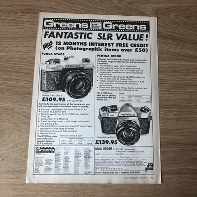 CAMS29 MAGAZIN WERBUNG 11X8 GRÜN: FUJICA ST605 & PENTAX K1000