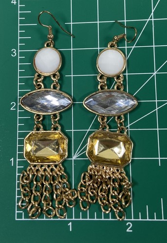 Retro Funky Gold Tone 3 Layer Multi Shaped Cabs & Fringe Dangle Drop Earrings - Picture 4 of 4