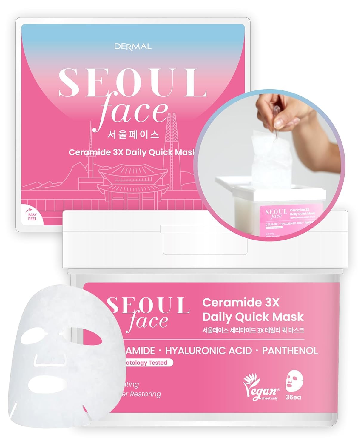 DERMAL Seoul Face Ceramide 3X Daily Quick Sheet Mask, 36 Count Dispenser with