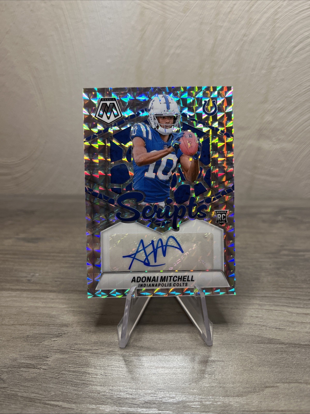 2024 Panini Mosaic Rookie Scripts Adonai Mitchell Silver Prizm Auto #RS-AML