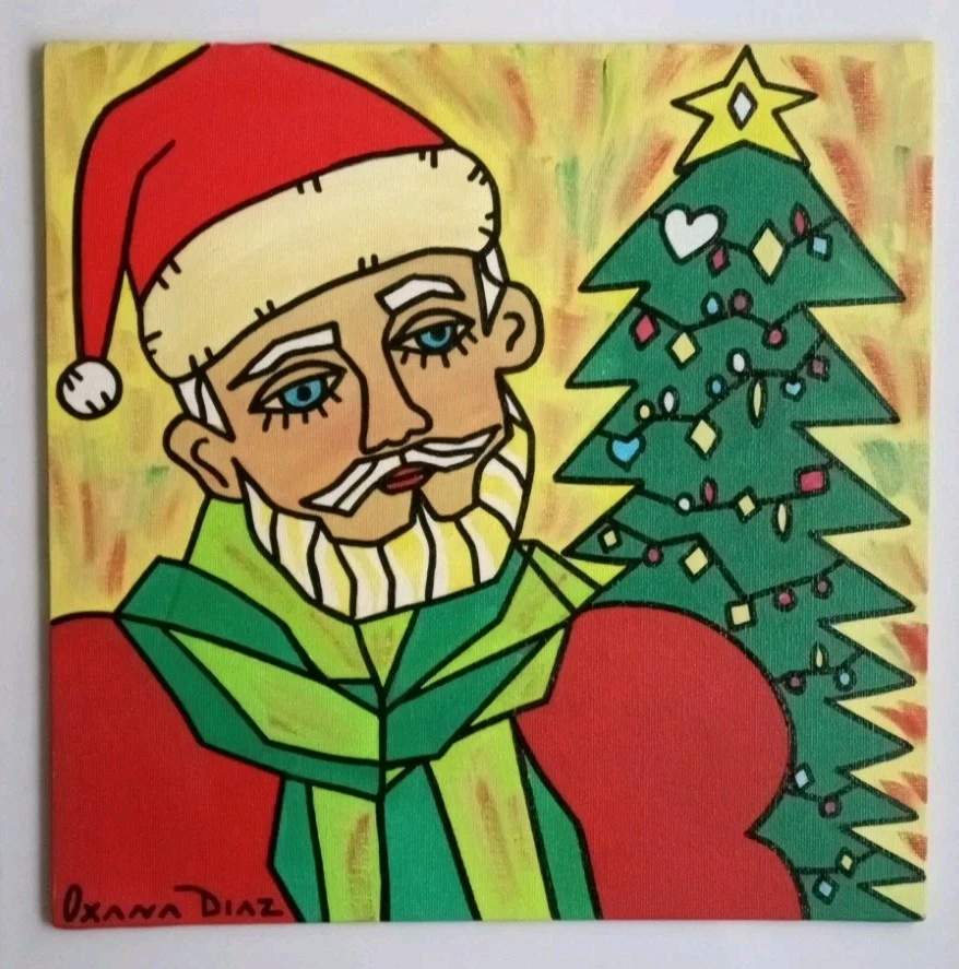 Árbol de Navidad Papá Noel Hombre Hombre Original Pintura al Óleo Oxana Díaz 10" x 10" Foto 2 de 4