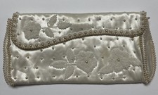 LA REGALE Satin White Cream Sparkle Beaded Flower Satin Purse Clutch Prom Retro