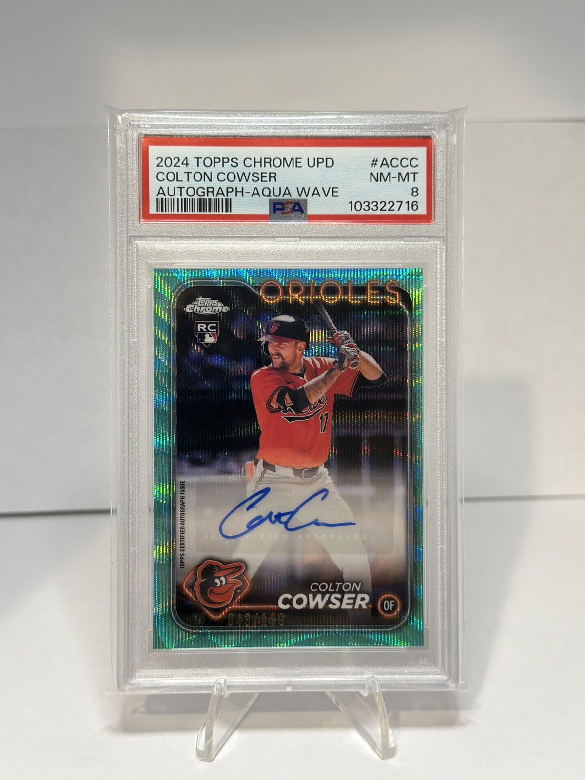 COLTON COWSER 2024 TOPPS CHROME UPDATE ROOKIE AQUA WAVE RC AUTO /199 PSA 8