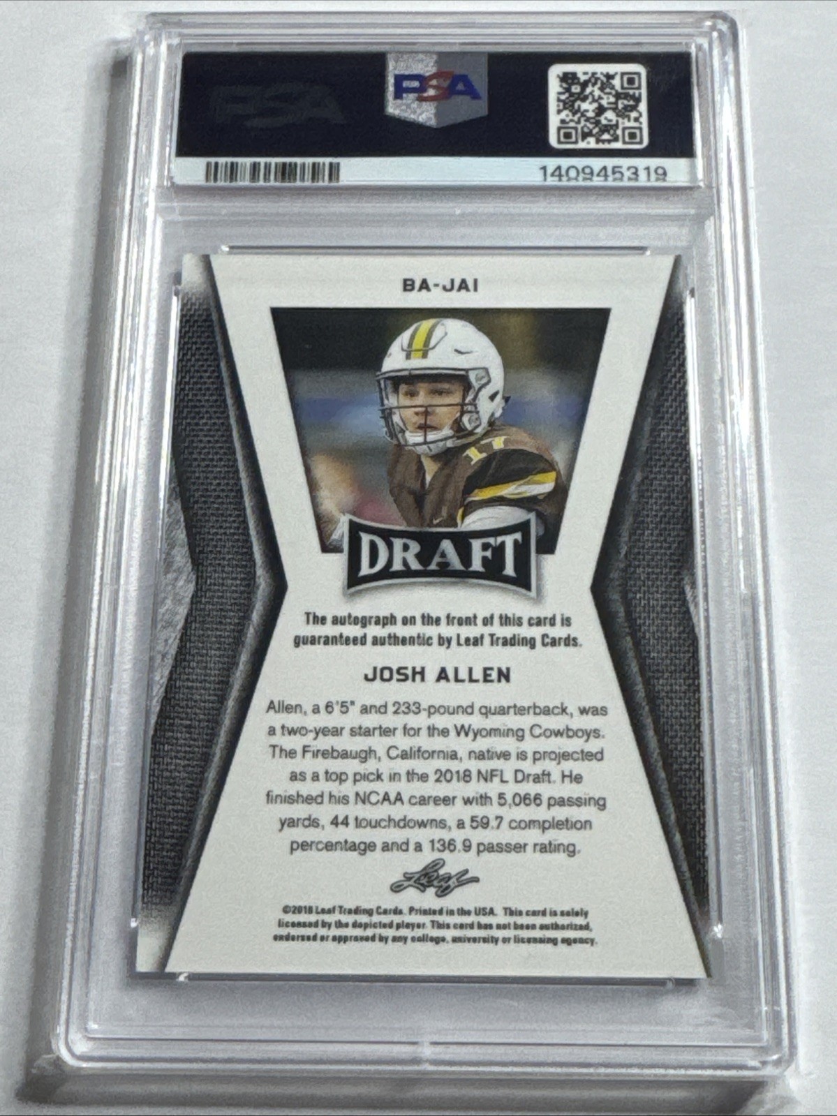 Josh Allen 2018 Auto Rookie Leaf Draft Mystery Redemption PSA view 2