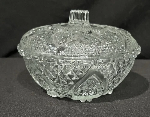 KIG Malaysia Vintage Clear Depression Glass 5.25" Candy Dish w/Lid Roses Hearts