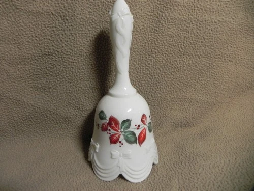 Fenton White Milk Glass Bell w/ Embossed Bows & Hand Painted w/ Berries & Ivy J