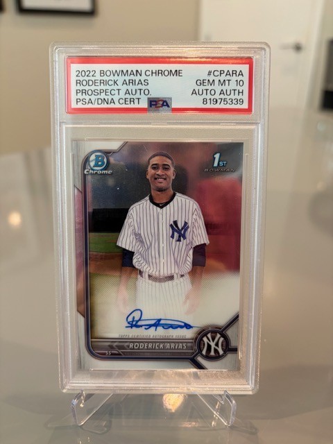 Roderick Arias Topps 2022 Bowman Chrome Yankees RC Auto CPA-RA PSA 10 view 3