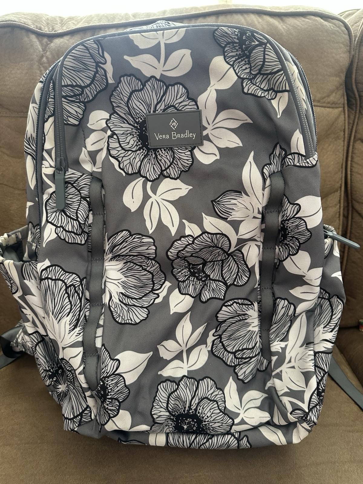 Vera Bradley Floral Gray White Backpack with Zipper Accents