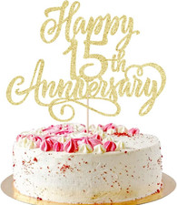 Golden Glitter Happy 15Th Anniversary Cake Topper - for Wedding Anniversary/Comp